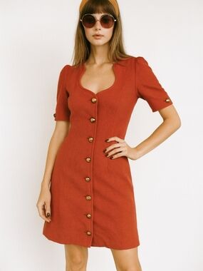 Vintage Adele Simpson Orange Linen Dress | Gold Button Sheath